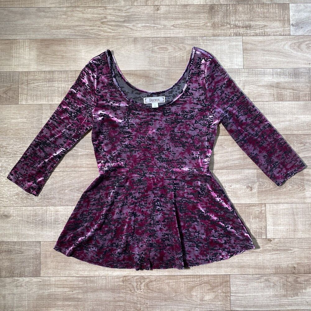 Decree Velvet Burnout Top Womens Med Peplum Goth Y2K Purple Pullover